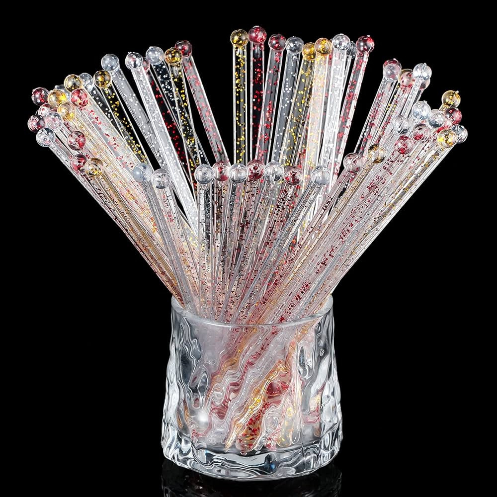 100 Pieces Disposable Plastic Round Top Crystal Swizzle Sticks Glitter Plastic Swizzle Sticks Coc... | Amazon (US)