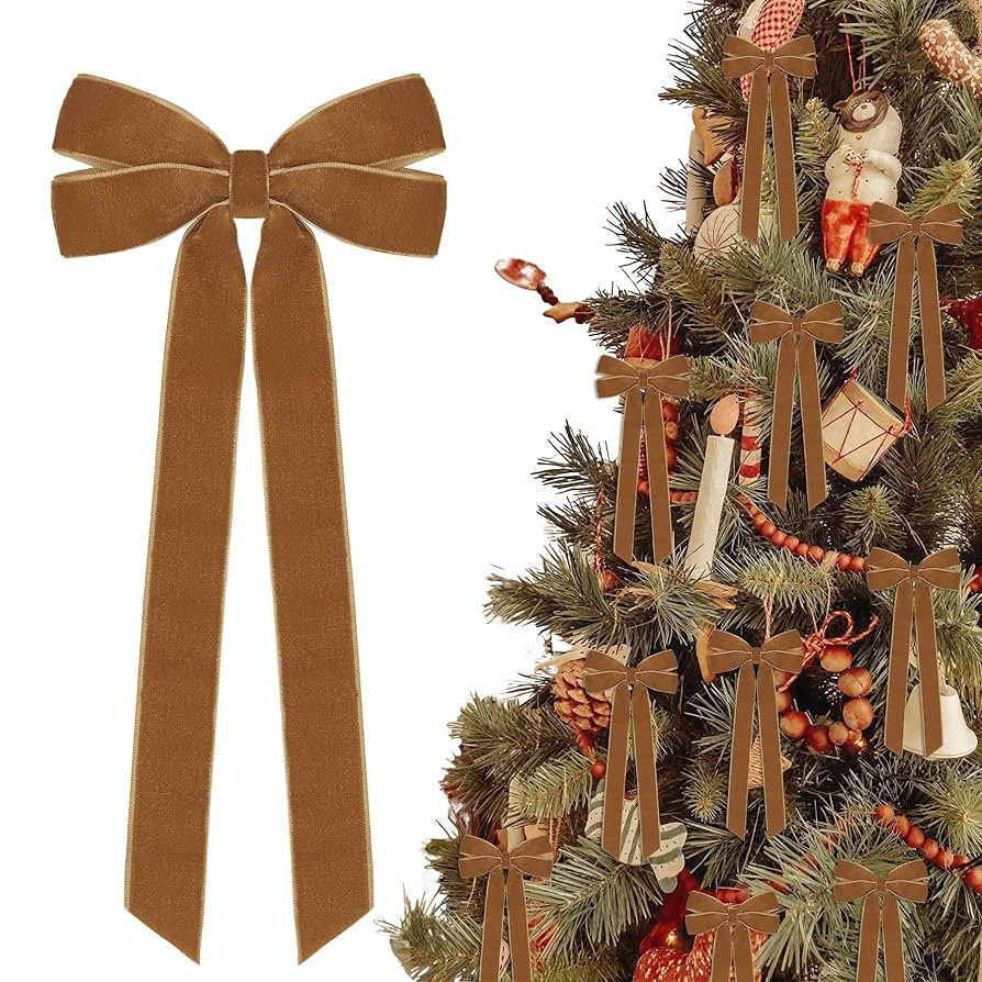 12Pcs Vintage Velvet Ribbon Bows Christmas Tree Decorations,5in x 10in Brown Xmas Ornaments for T... | Amazon (US)