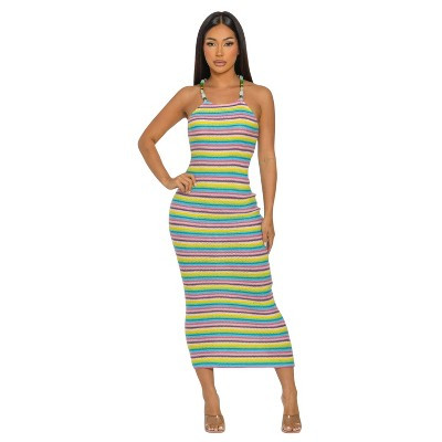 Slickblue Stylish Beaded Strap Striped Midi Dress with Figure-Hugging Fit, Day to Night Party Dress, Multi-Color, S | Target