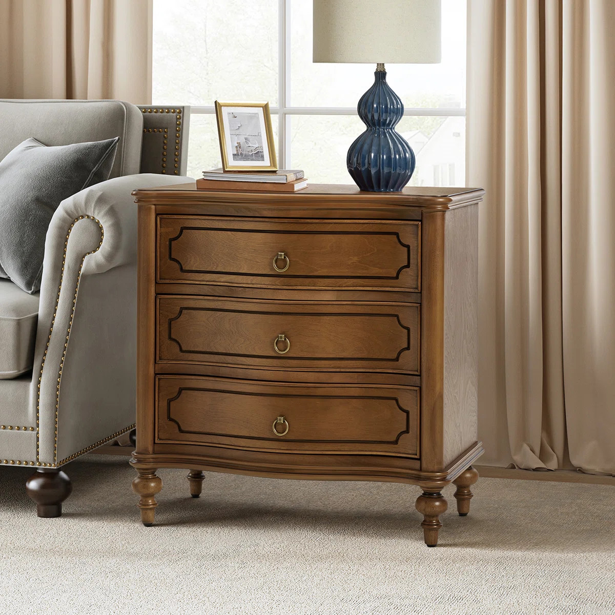 Elfine  28'' W Traditional Curves Nightstand with Charging Station and Solid Wood Legs and Metal ... | Wayfair North America