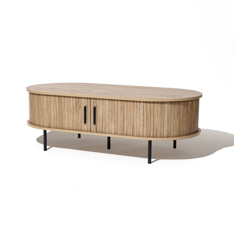 Aria Mid-Century Modern Coffee Table with Storage and Slatted Sliding Doors | Wayfair North America