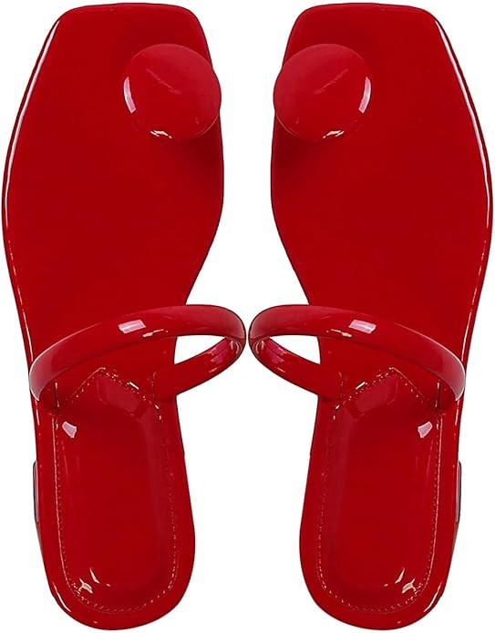 SweatyRocks Women's PU Leather Open Square Toe Thong Sandals Round Decor Outdoor Flat Sandals | Amazon (US)