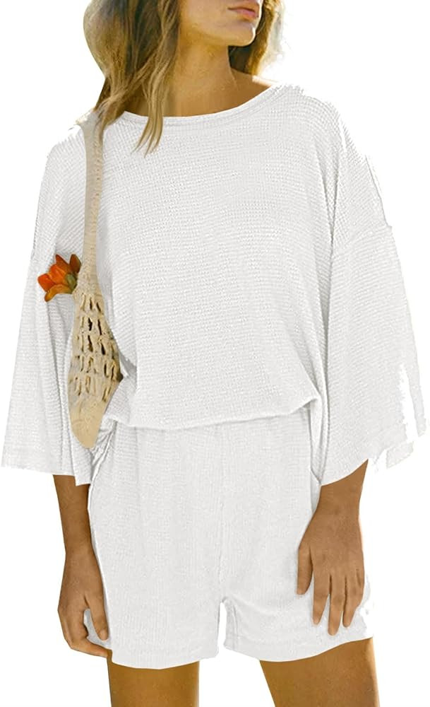 Tankaneo Womens Short Sets 2 Piece Outfits 3/4 Sleeve Tops and Elastic Waist Shorts Lounge Set Ca... | Amazon (US)