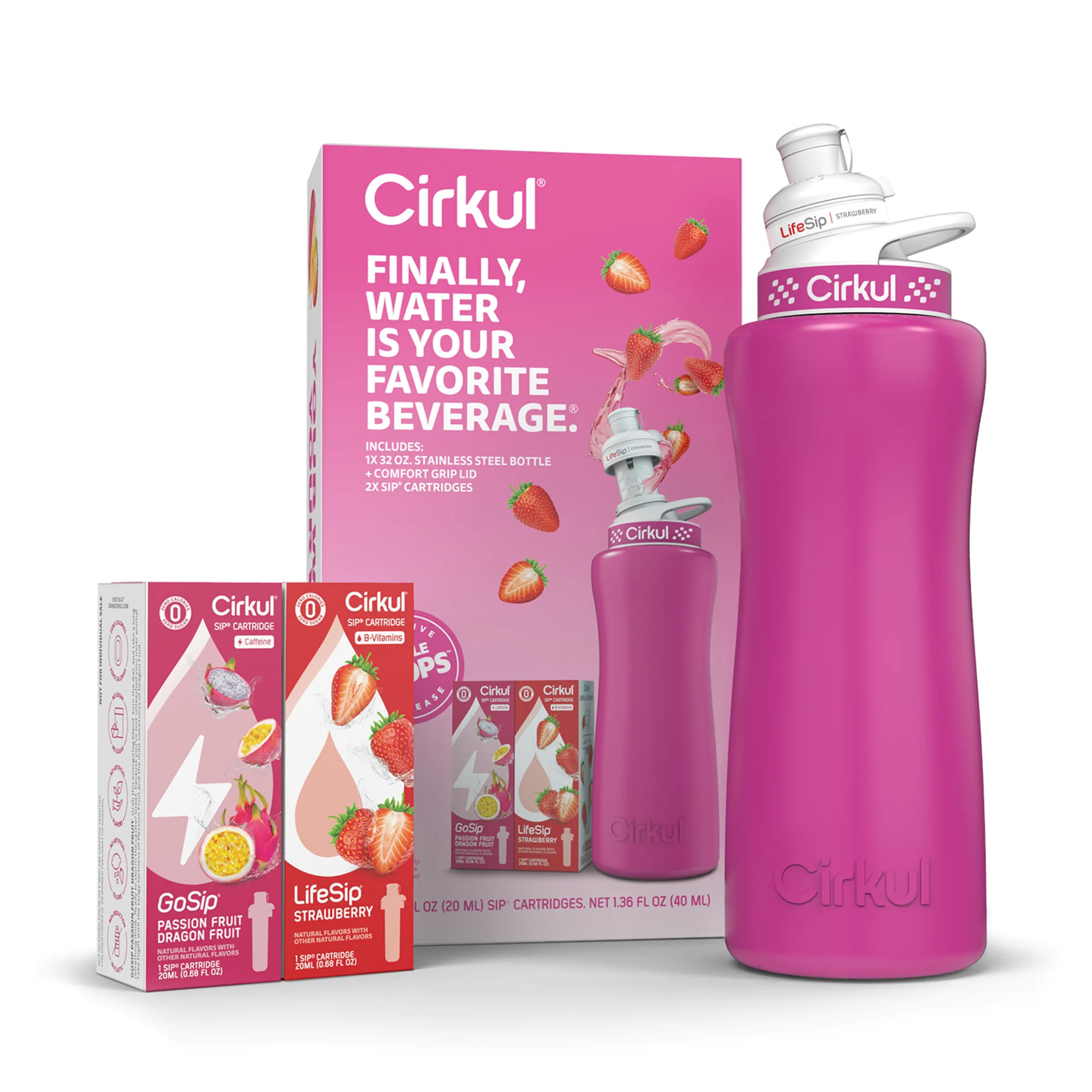 Cirkul 32oz Pink Stainless Steel Starter Kit with Pink & White Cirkul Lid 2.0 and 2 Flavor Cartri... | Walmart (US)