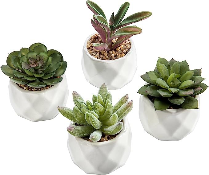 MyGift Mini Assorted Artificial Succulent Plants in White Geometric Ceramic Planter Pots, Set of ... | Amazon (US)