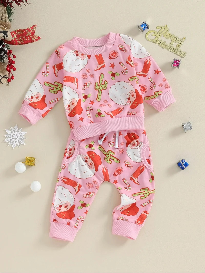 FEORJGP Toddler Baby Girl Boy 2Pcs Christmas Outfits Long Sleeve Santa/Wreath Print Sweatshirt To... | Walmart (US)