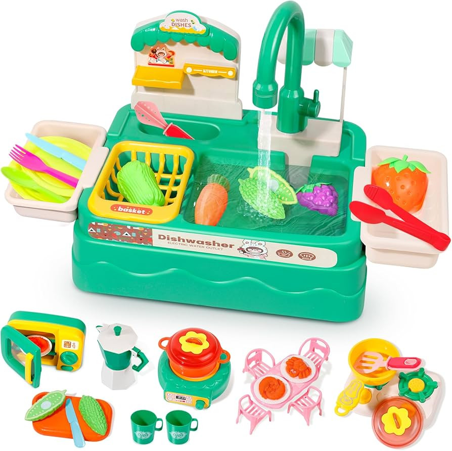 Play Kitchen Sink with Running Water, Toddler Sink Toy with Electric Faucet, Play Dishes for Kids... | Amazon (US)