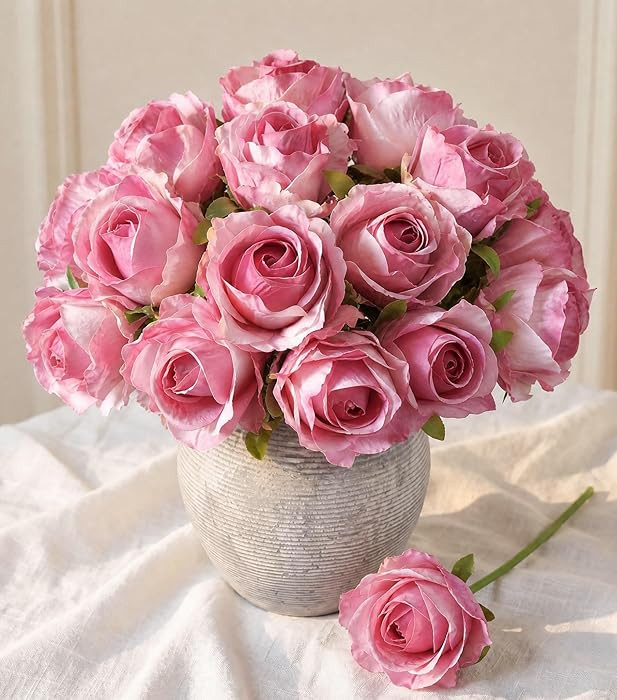 18pcs Pink Roses Artificial Flowers, Fake Roses Silk Flowers with Stems Realistic Bouquet for Wed... | Amazon (US)
