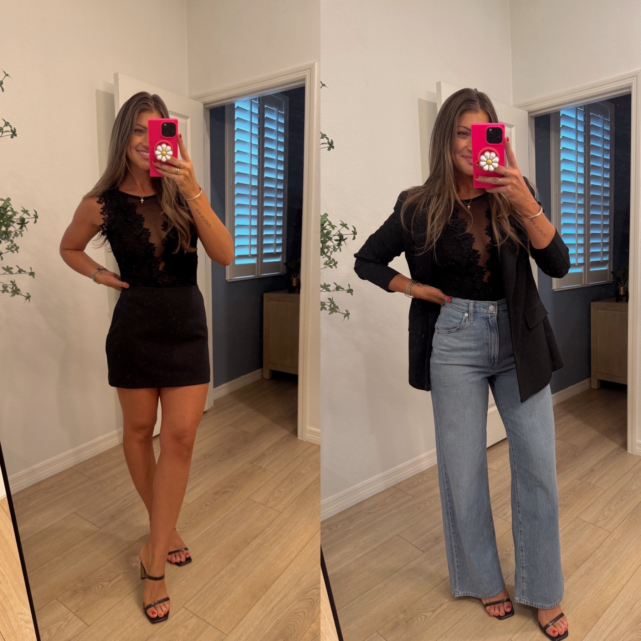 From summer date to fall date! This sexy bodysuit is sooo good. True size small. Small skort. 2/26 true size jeans. They run very long!! Soooo flattering!!! 

Vegas
Date night
