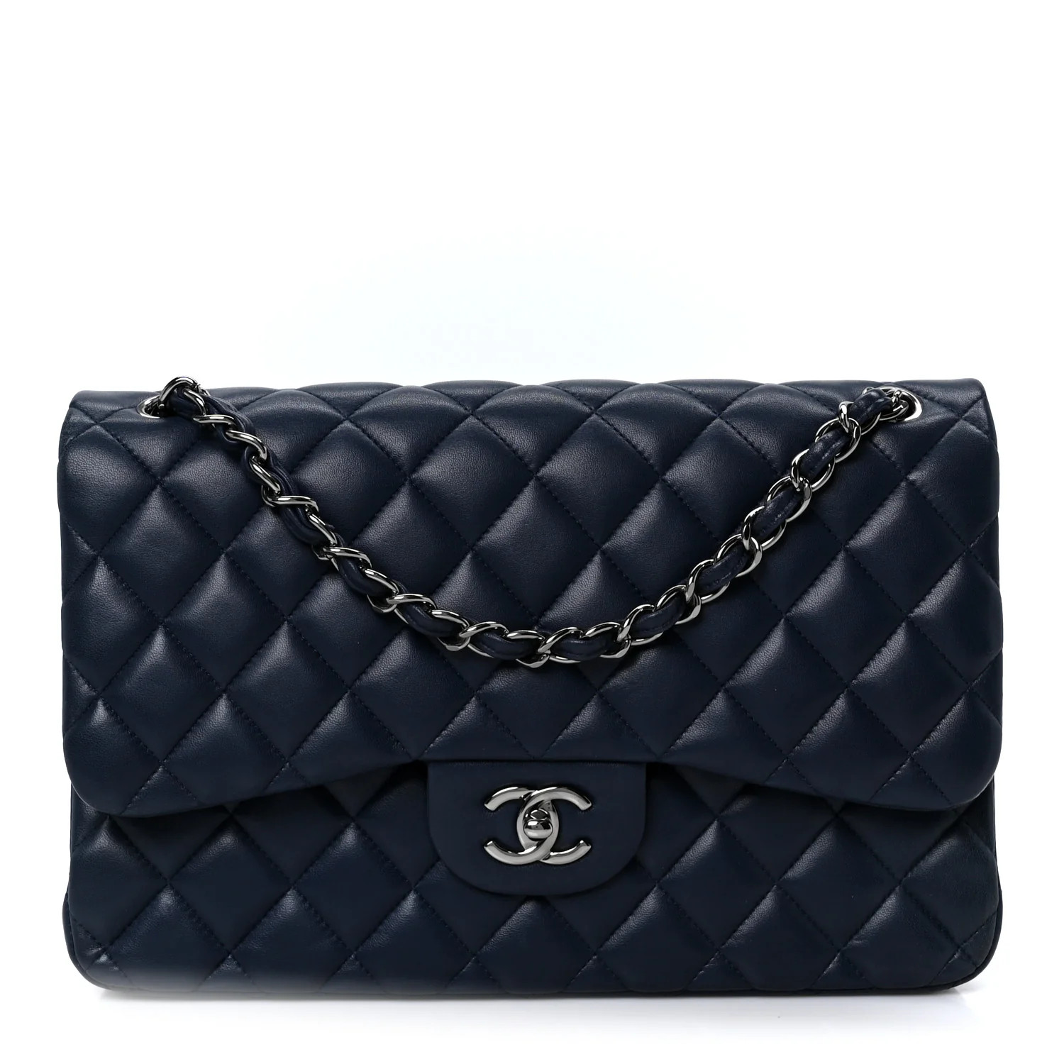 Lambskin Quilted Jumbo Double Flap Navy | FASHIONPHILE (US)