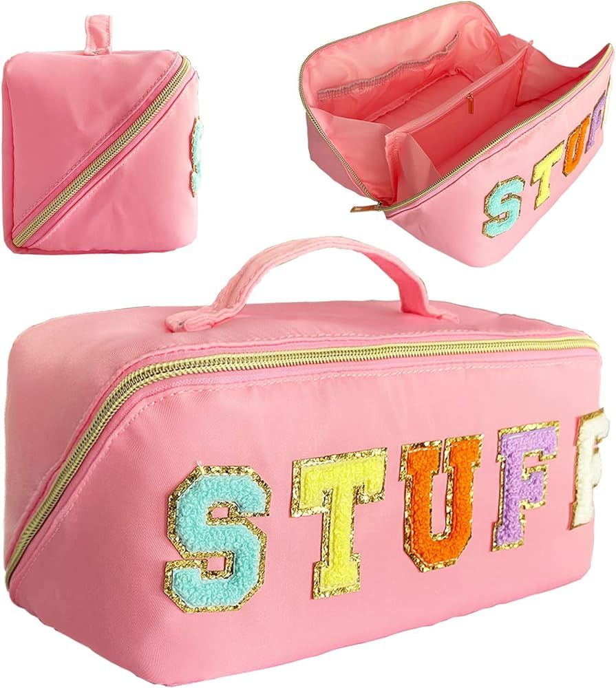 Nylon Makeup Bag Pink Chenille Letter Makeup Bag Preppy Cosmetic Bag Stoney Clover Pouch Chenille... | Amazon (US)