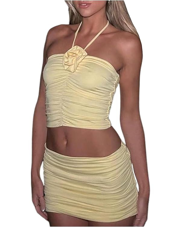 Floerns Women's 3D Floral Ruched Halter Top Ruched Mini Skirt Two Piece Outfit | Amazon (US)