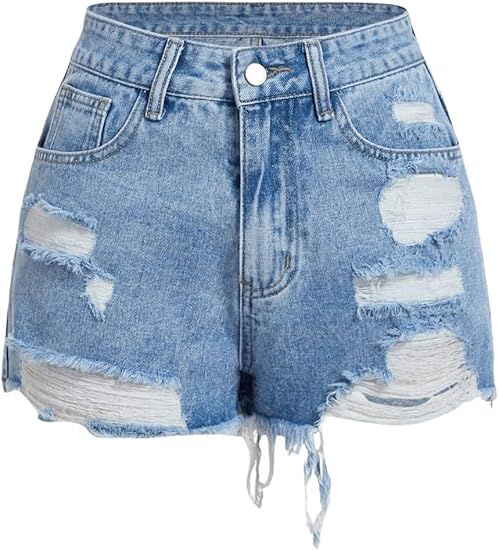 Women's Ripped Denim Shorts Raw Hem Streetwear Jeans Shorts with Pocket | Amazon (US)