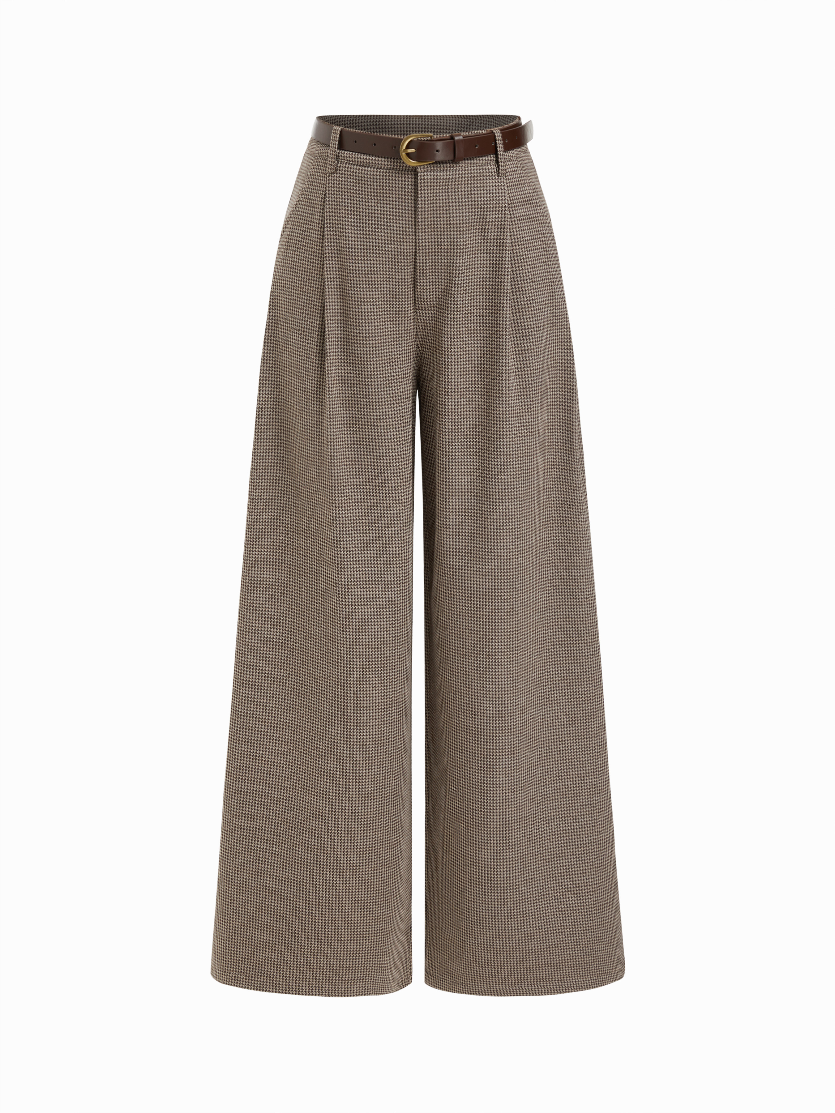 Jacquard Jacquard Low Rise Houndstooth Pleated Wide Leg Trousers With Belt For Daily Casual | Cider