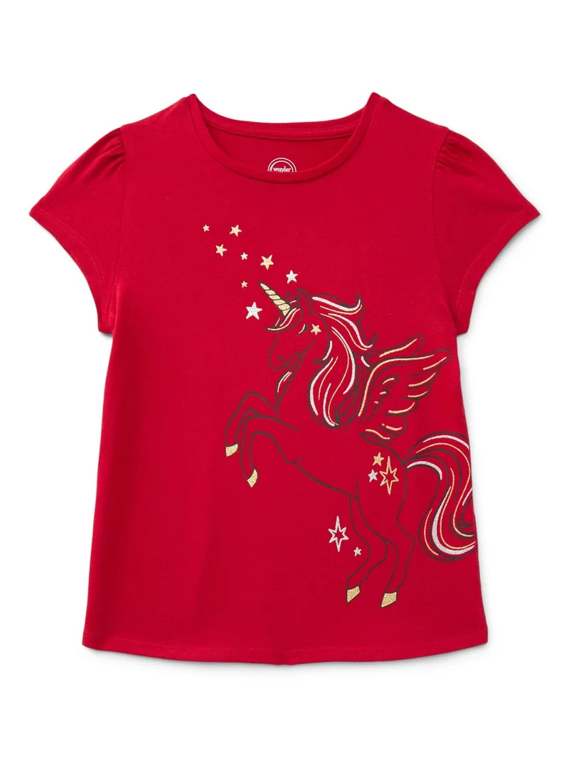 Wonder Nation Girls Gathered Shoulder Tee with Short Sleeves, Sizes 4-10 - Walmart.com | Walmart (US)