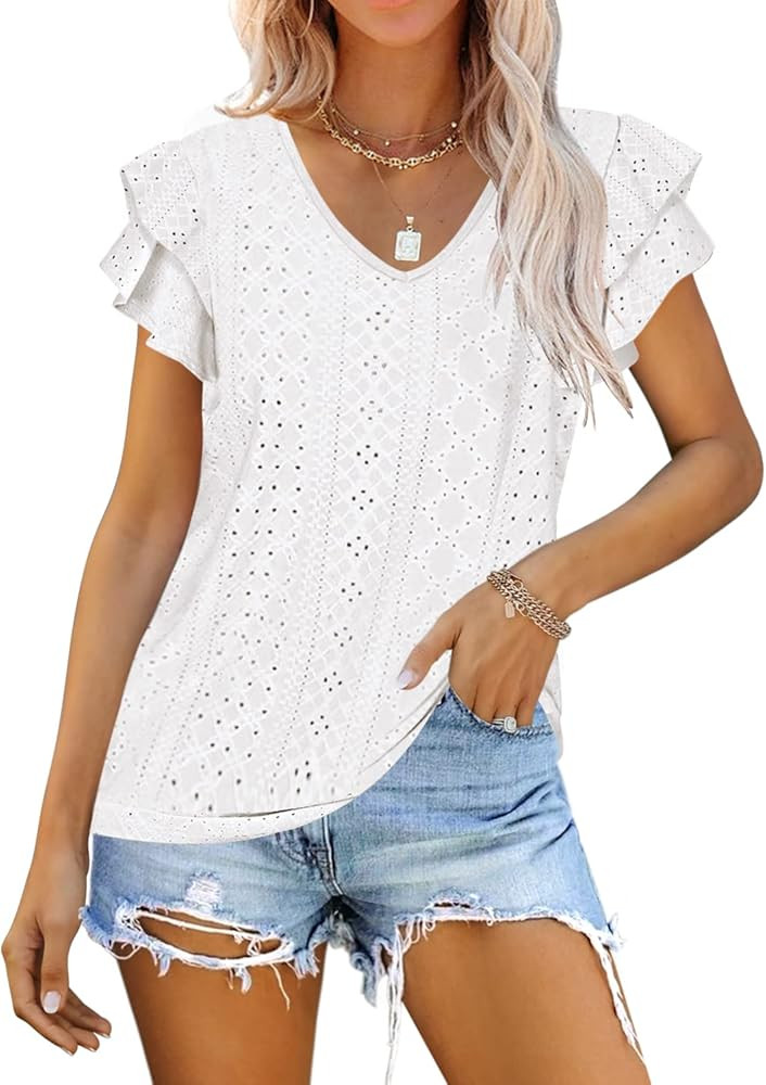 Kikula Women's V Neck T Shirt Summer Hollow Casual Ruffle Sleeve Tops Blouse | Amazon (US)