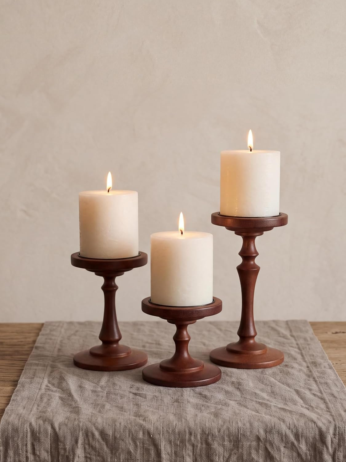 NUPTIO Wooden Pillar Candle Holders: Set of 3 Vintage Candle Stands | Amazon (US)