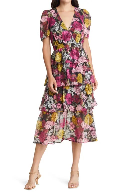 Adelyn Rae Eliza Floral Print Puff Sleeve Tiered MIdi Dress in Pink Floral at Nordstrom, Size X-Smal | Nordstrom