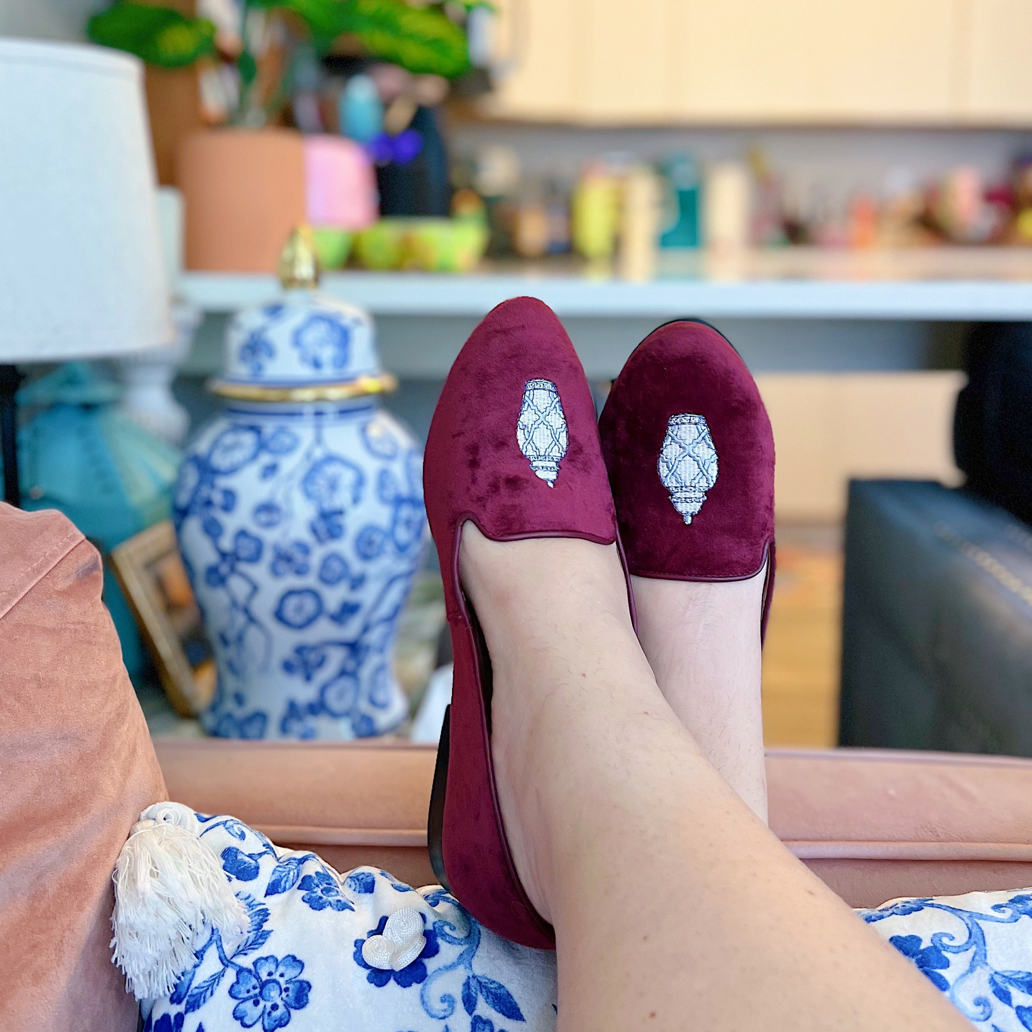 Burgundy velvet loafers with blue and white ginger jar embroidery, come in burgundy, navy, and blush. Run small, size up half size. Grand Millennial style, grand Millennial shoes, smoking slippers, preppy shoes, preppy loafers 

#LTKstyletip #LTKSeasonal #LTKshoecrush