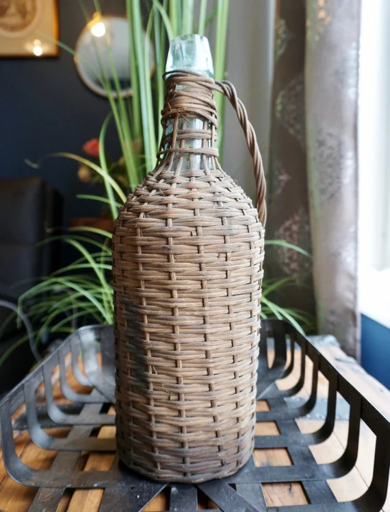 Old Green Glass Bottle Wrapped in Rattan, Vintage Bottle inside woven wicker with handle, Antique... | Etsy (US)
