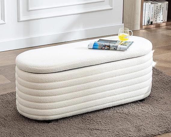 Upholstered Storage Bench Teddy Fabric Storage Ottoman End of Bed Stool with Safety Hinge for Bed... | Amazon (US)