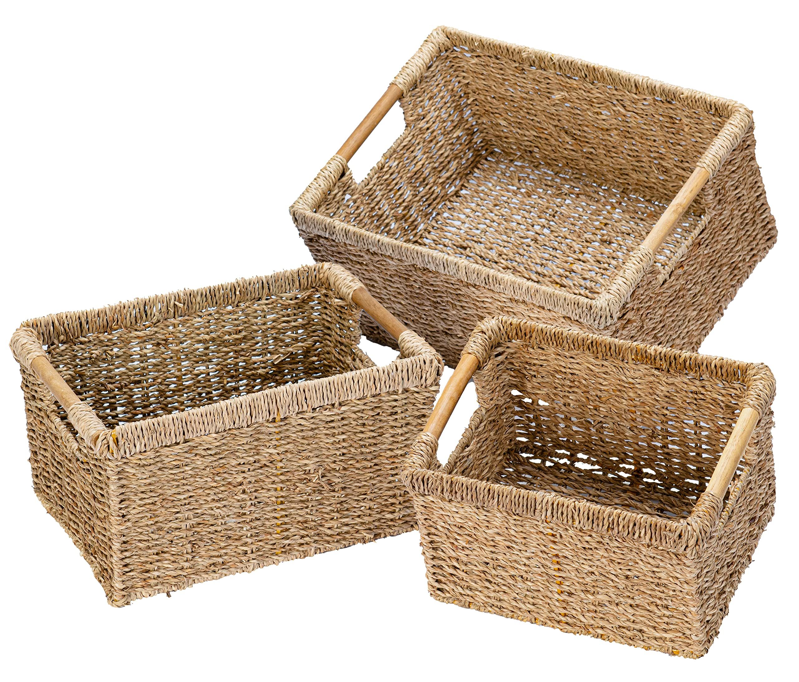 Wicker Baskets for Storage Organizing, Seagrass Storage Baskets Rectangular with Wooden Handles for  | Amazon (US)