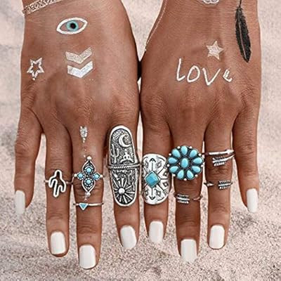 Victray Boho Rings Turquoise Ring Set Stylish Fashion Bracelets Hand Accessories Jewelry for Wome... | Amazon (US)