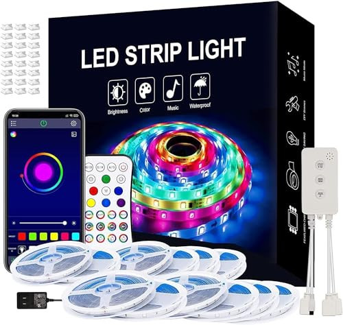 UNICROWN 200ft Outdoor Led Strip Lights Waterproof, 5050 RGB Led Light Strip and 16 Million Color Changing with Bluetooth Music Sync App Remote Controller for Home Bedroom (12v, 12 Rolls of 16.4ft) | Amazon (US)