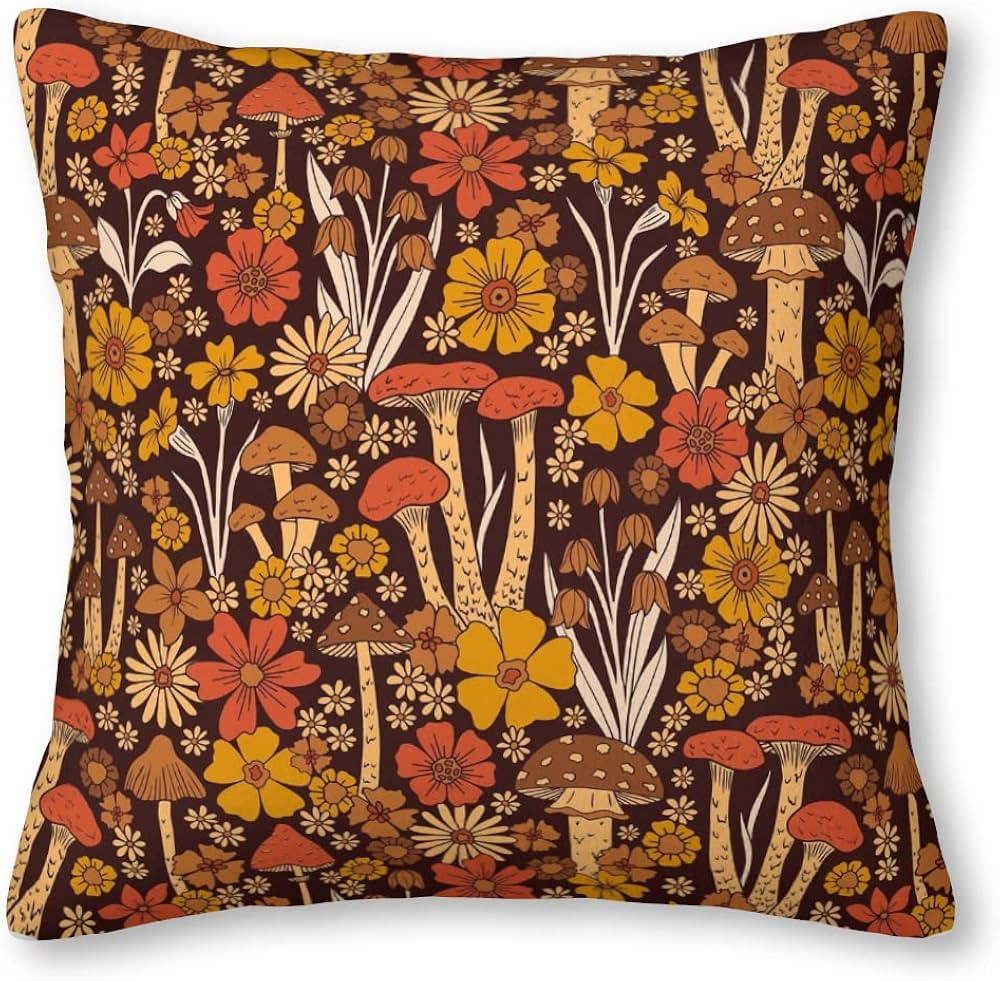Retro 1970s Brown & Orange Mushrooms & Flowers Velvet Throw Pillow Covers Sofa Pillowcase Car Squ... | Amazon (US)