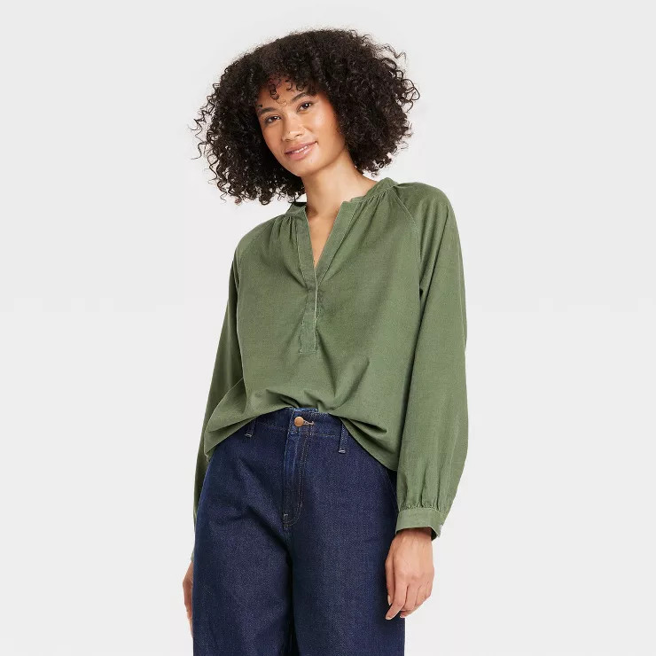 Women's Long Sleeve Relaxed Fit Everyday Blouse - Universal Thread™ Green S | Target