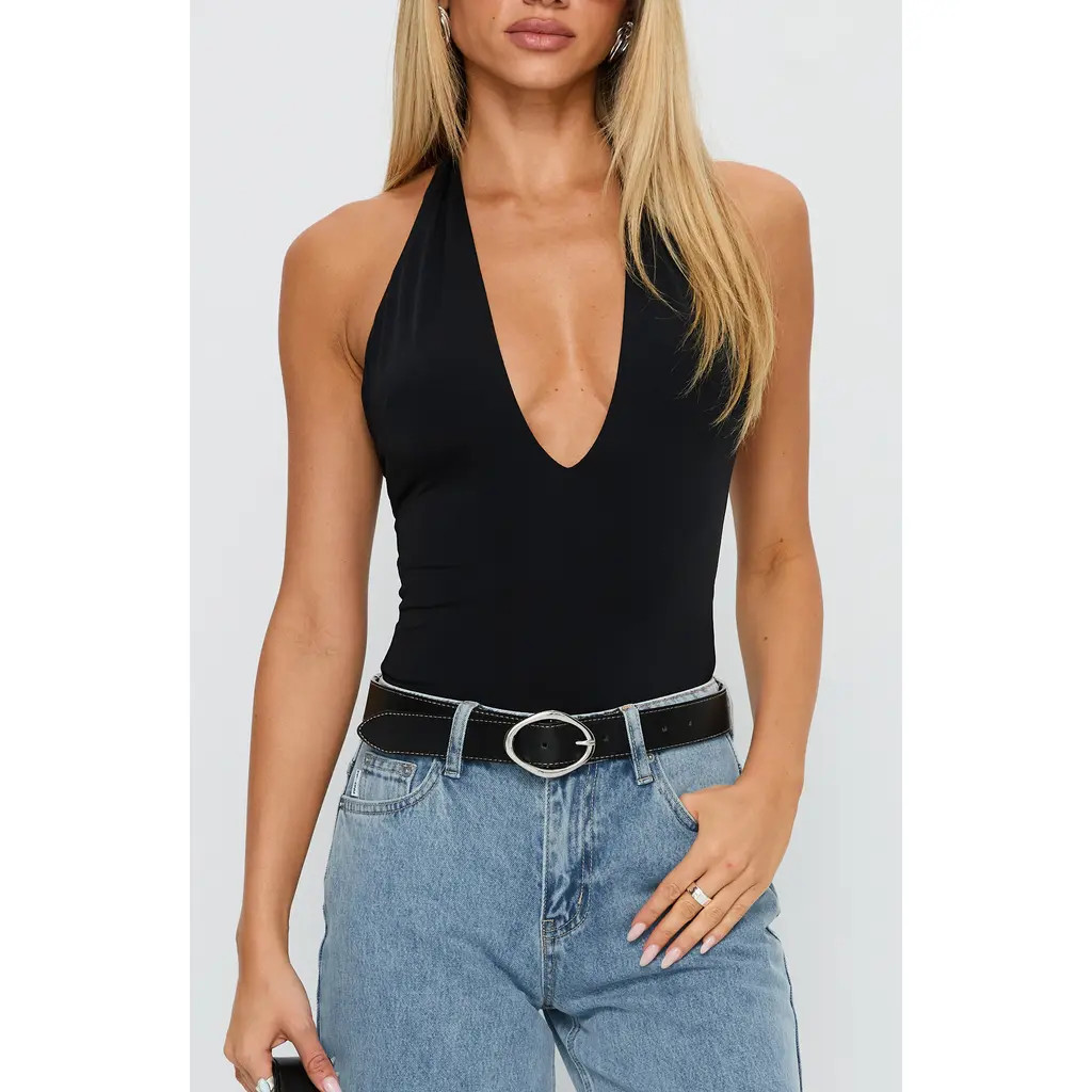 Princess Polly Kendrae Plunge Neck Halter Bodysuit in Black at Nordstrom, Size 0 | Nordstrom