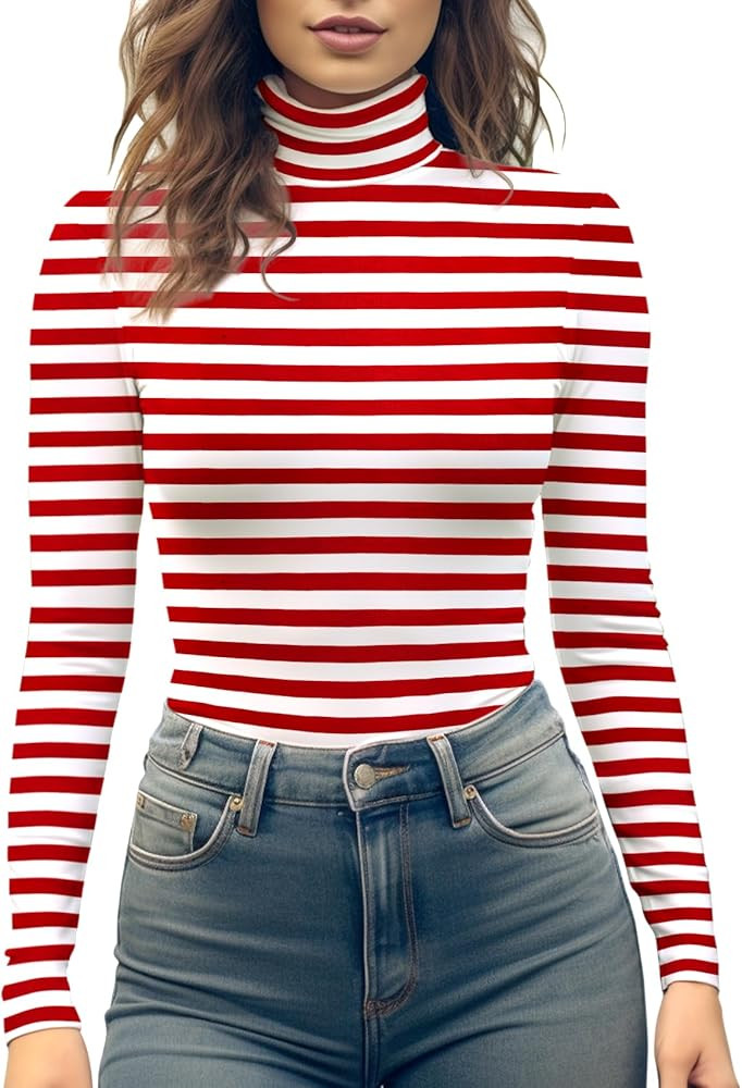 Women's Turtleneck Long Sleeve Top, Striped High Neck Shirt Baselayer Ribbed Stripes Slim Fitted ... | Amazon (US)