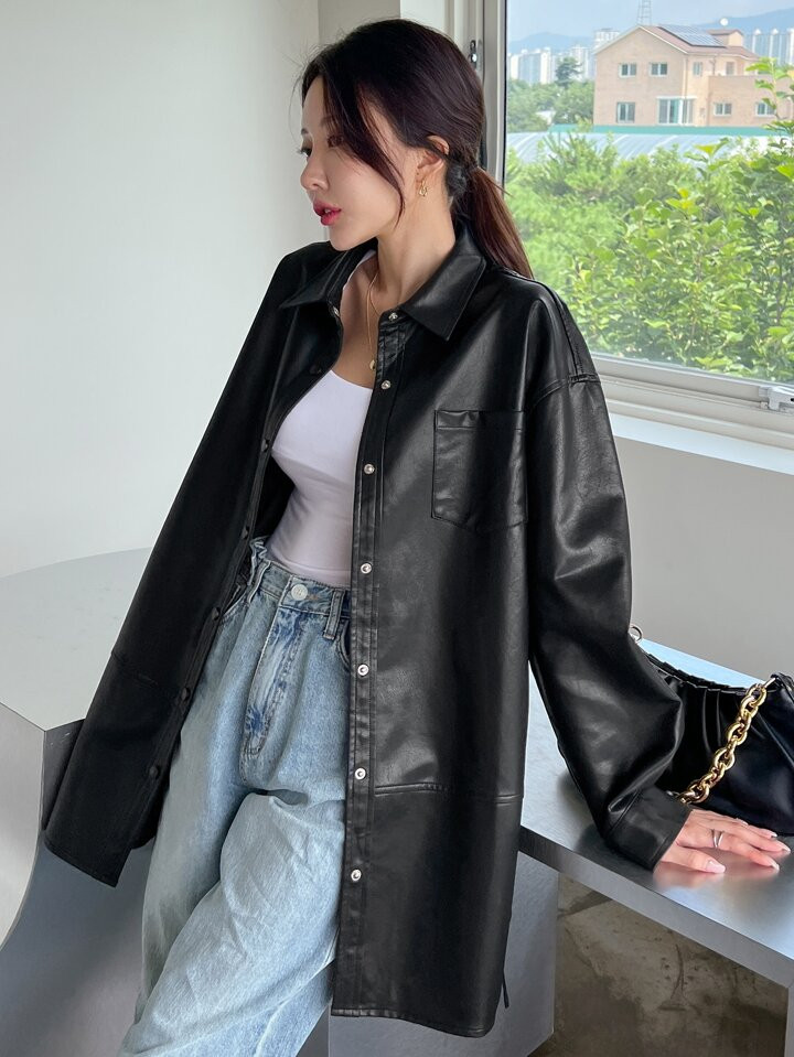 DAZY Drop Shoulder Pocket Patched PU Leather Coat | SHEIN