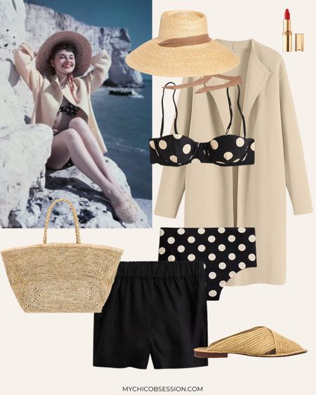Channeling the timeless elegance of Old Hollywood icon Audrey Hepburn, this outfit exudes feminine charm and vintage sophistication. The centerpiece is a polka dot swimsuit in a classic retro style, its flattering silhouette and playful print evoking sun-drenched days spent poolside in the 1950s. Layered over top is a cozy knit coatigan in a neutral tan hue for transitioning from swim to street. Slip into a pair of black shorts in a high-waisted, Hepburn-approved cut, then finish with raffia sandals and a woven tote bag for breezy summer style. Tie a voluminous straw sunhat under the chin, and you're ready for a day of carefree fashion!

#LTKSeasonal #LTKswim #LTKfindsunder100