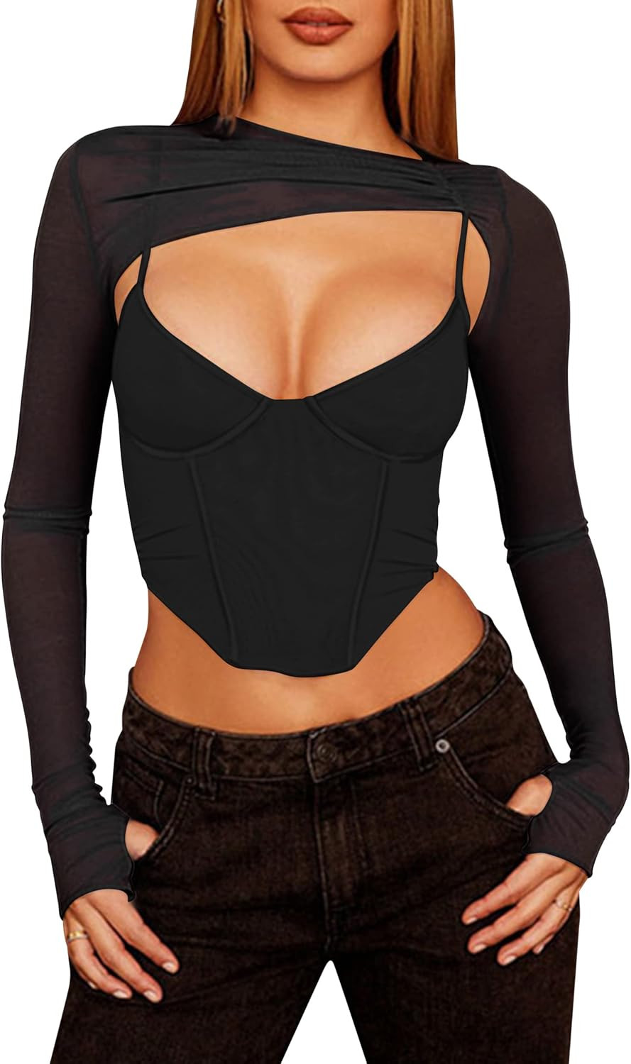 Meladyan Women Sexy Long Sleeve Mesh Crop Top Solid Cover Up Spaghetti Strap Slim Fit Corset Cami... | Amazon (US)
