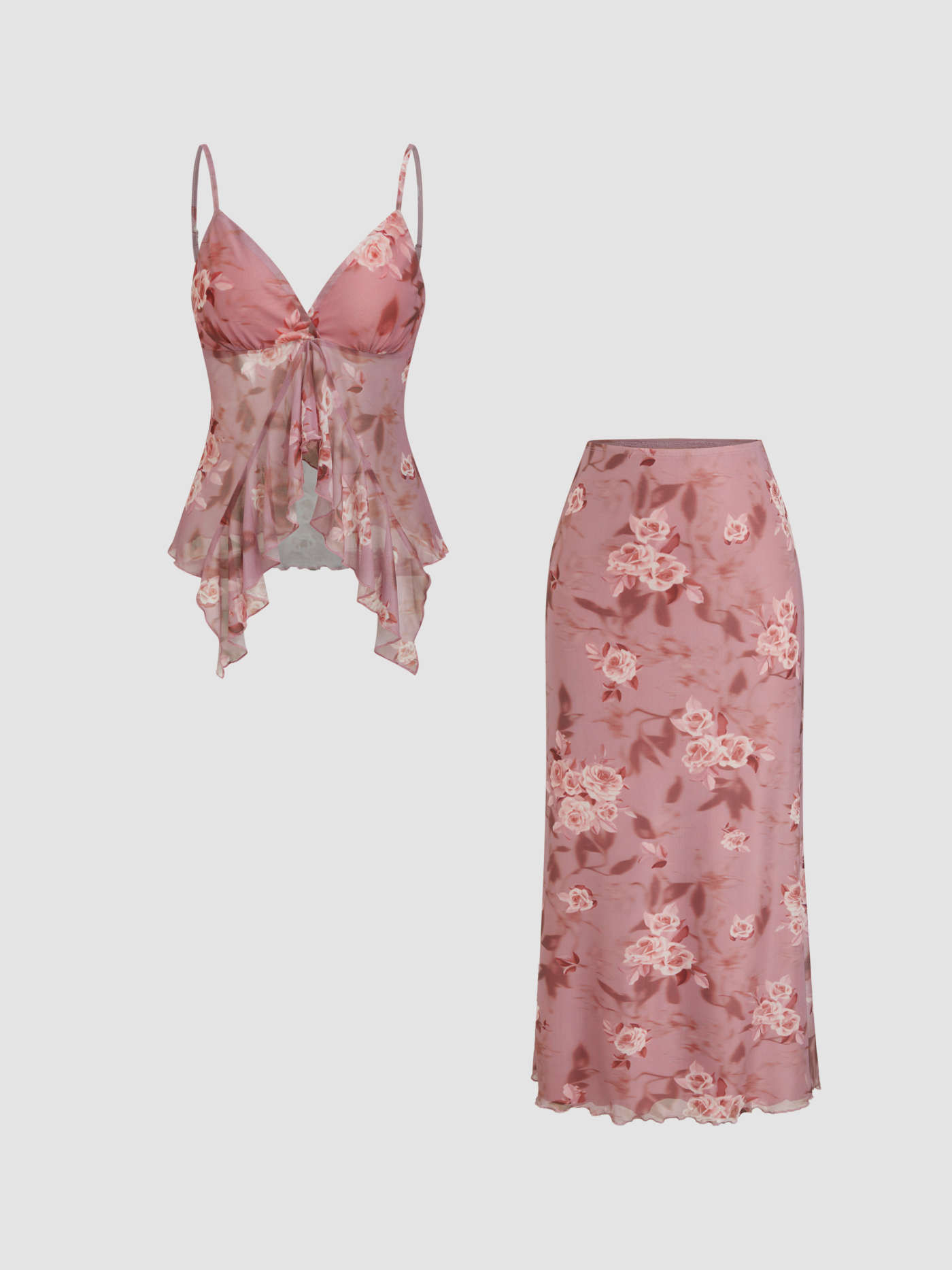 V-neck Floral Ruffle Cami Top & Mid Rise Maxi Skirt Set | Cider