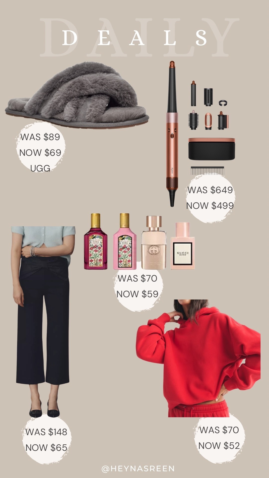 Daily deals on Ugg slippers, Dyson Airwrap, Gucci perfume set, Abercrombie hoodie, Anthropologie bow pants 