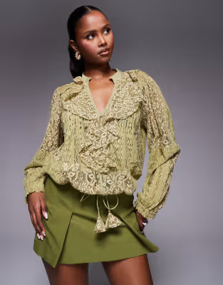 River Island long sleeve lace ruffle top in light green | ASOS (Global)