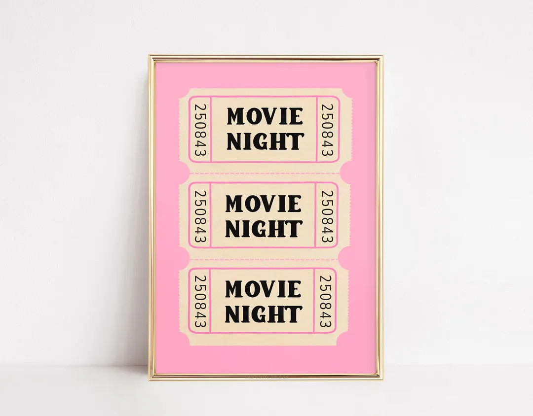 Movie Night Tickets Poster | Pink Retro Cinema Print | Film Lover Wall Art | Preppy Theater Club ... | Etsy (US)