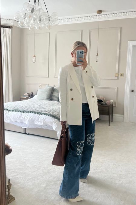 Loewe anagram jeans, jeans and a blazer, white heels