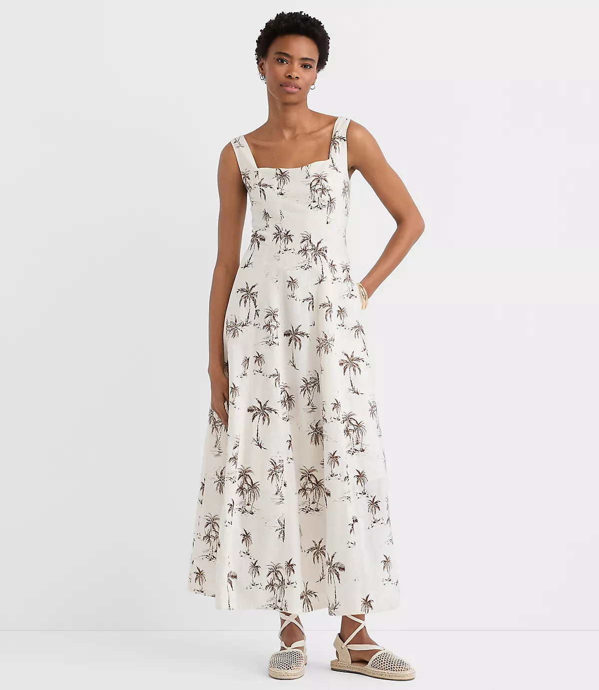 Palm Linen Cotton Seamed Midi Pocket Dress | LOFT