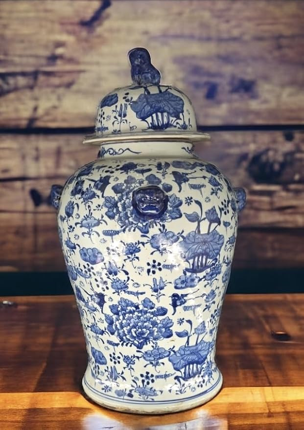 19" Antique Like Finish Blue and White Ginger Jars Porcelain Temple Ceramic Ginger Jar Vase, Chin... | Amazon (US)