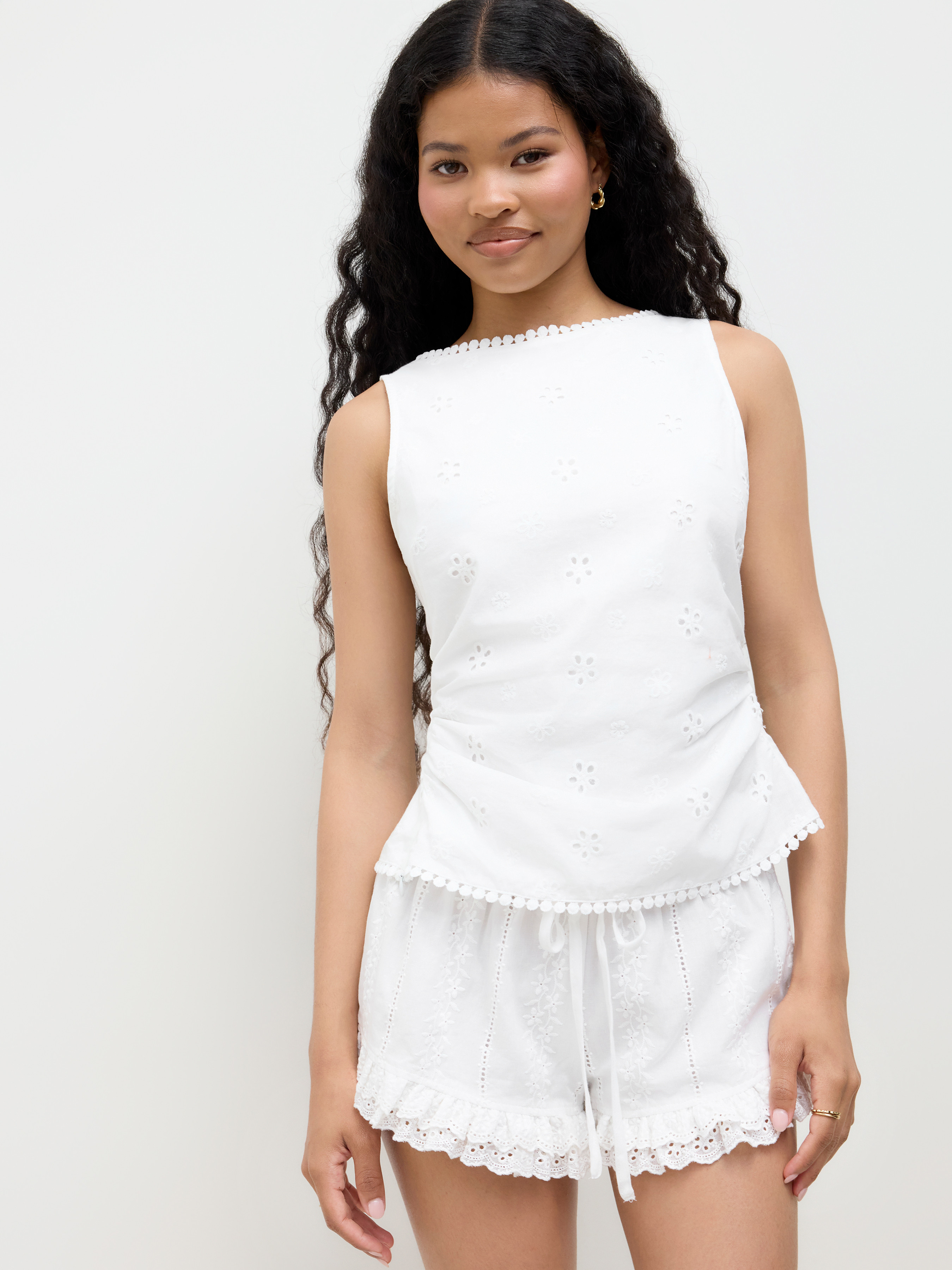 Woven Cotton-blend Boat Neck Broderie Anglaise Tie Back Knotted Top For Daily Casual | Cider