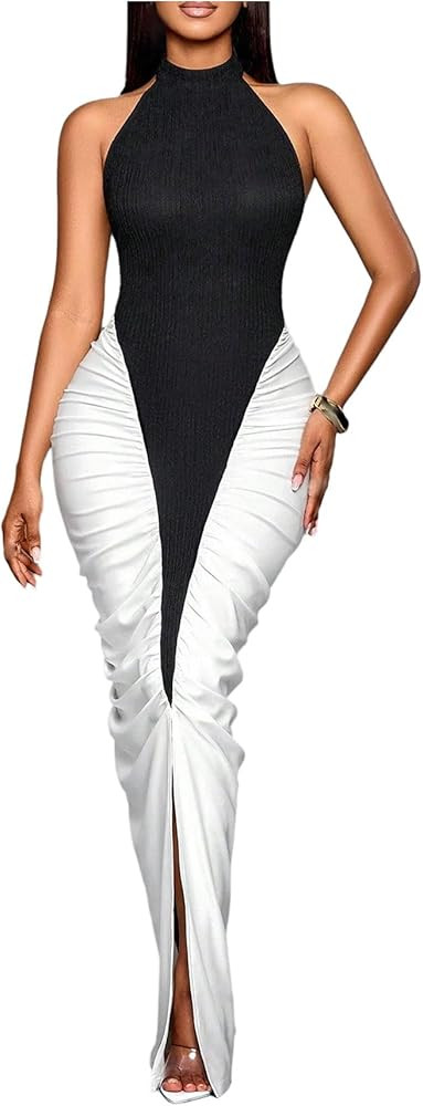 SHENHE Women's Elegant Halter Maxi Slit Dress Color Block Ruched Bodycon Backless Cocktail Evenin... | Amazon (US)