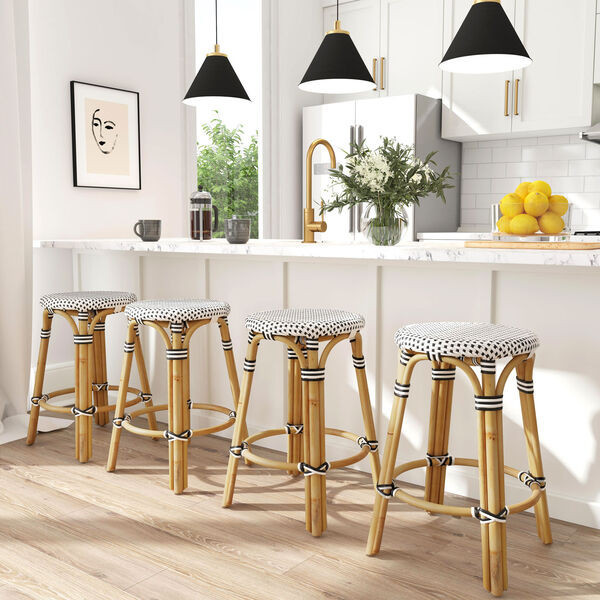 Tobias Black and White Dot on Natural Rattan Counter Stool | Bellacor