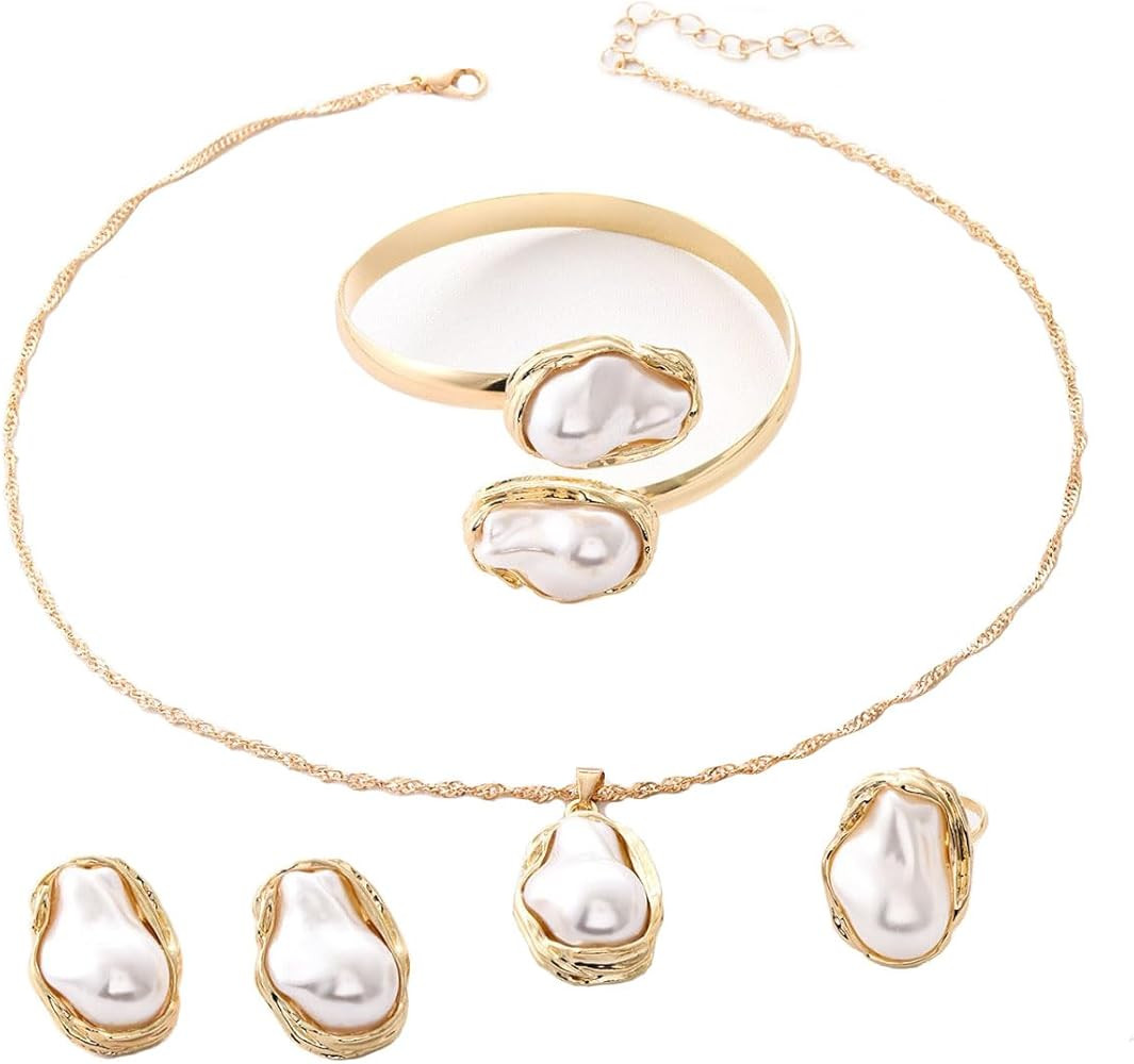 Baroque Pearl Necklace Earring Bracelet Ring Sets Faux Pearl Jewelry Sets for Women Beaded Pearl ... | Amazon (US)