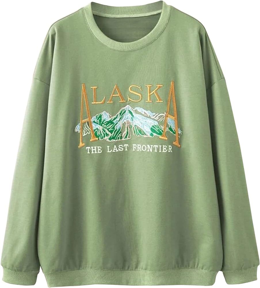 MISSACTIVER Women’s Vintage Oversized Alaska Letter Graphic Embroidery Pattern Sweatshirt Crew Neck  | Amazon (US)