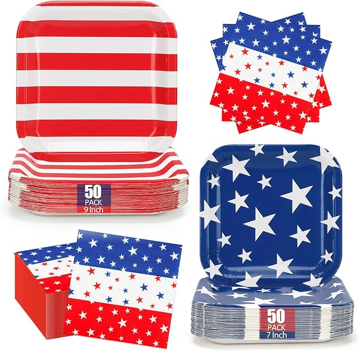 4th of July Paper Plates and Napkins Party Supplies for 50 Guests, Disposable Patriotic Square Re... | Amazon (US)