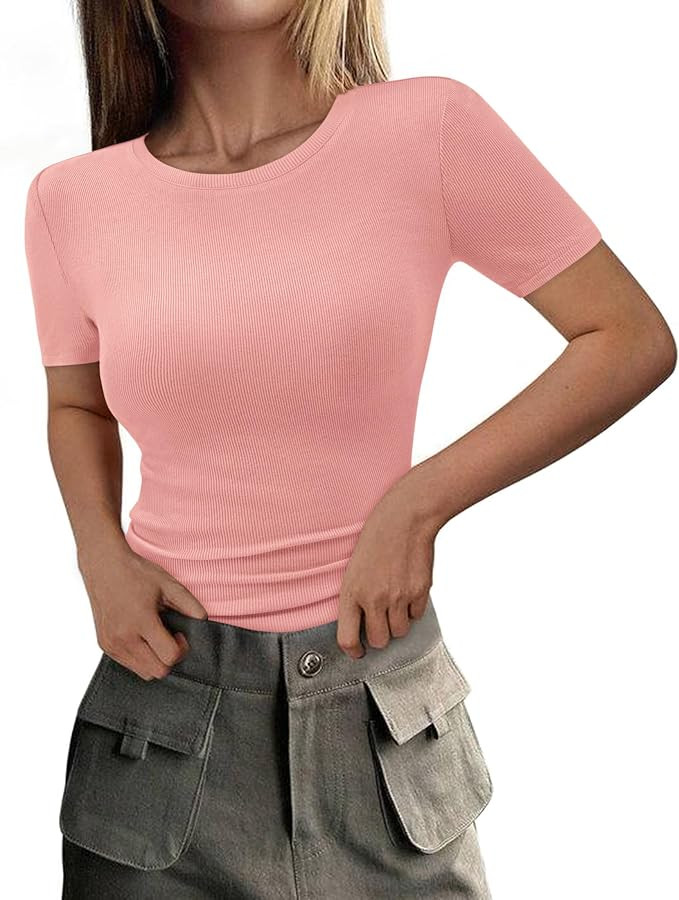 PRETTYGARDEN Women 2026 Summer Crew Neck Short Sleeve Tops Ribbed Knit Slim Fit Fashion Basic Tee... | Amazon (US)