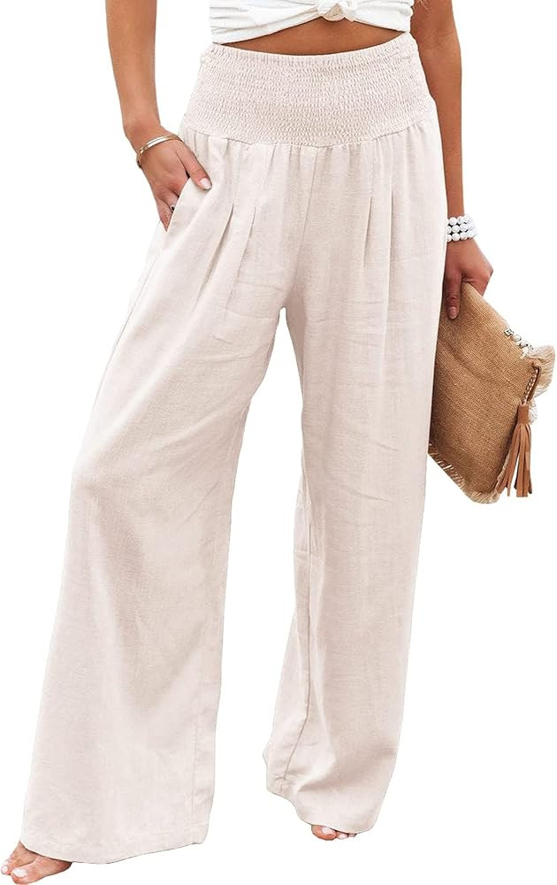 Women Linen Pants Elastic High Waist Wide Leg Palazzo Lounge Pants Casual Loose Beach Pants with ... | Amazon (US)